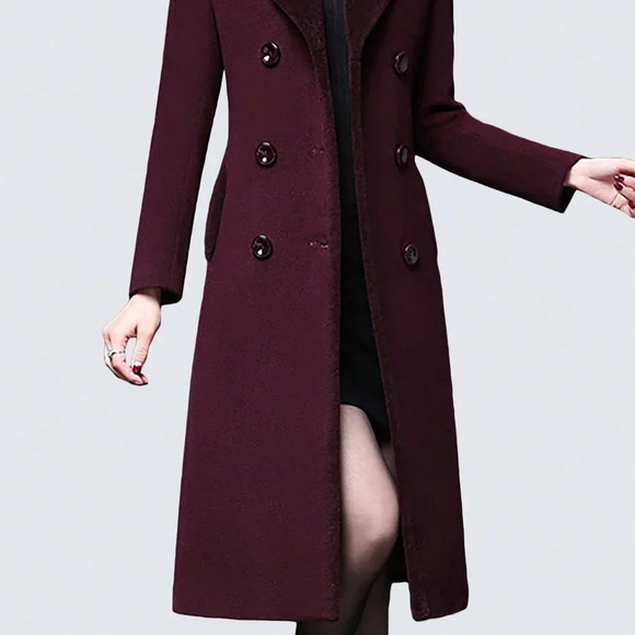 Purple Casual Women's Stylish Double-Breasted Notched Lapel Midi Pea Coat - Picture 4 of 6